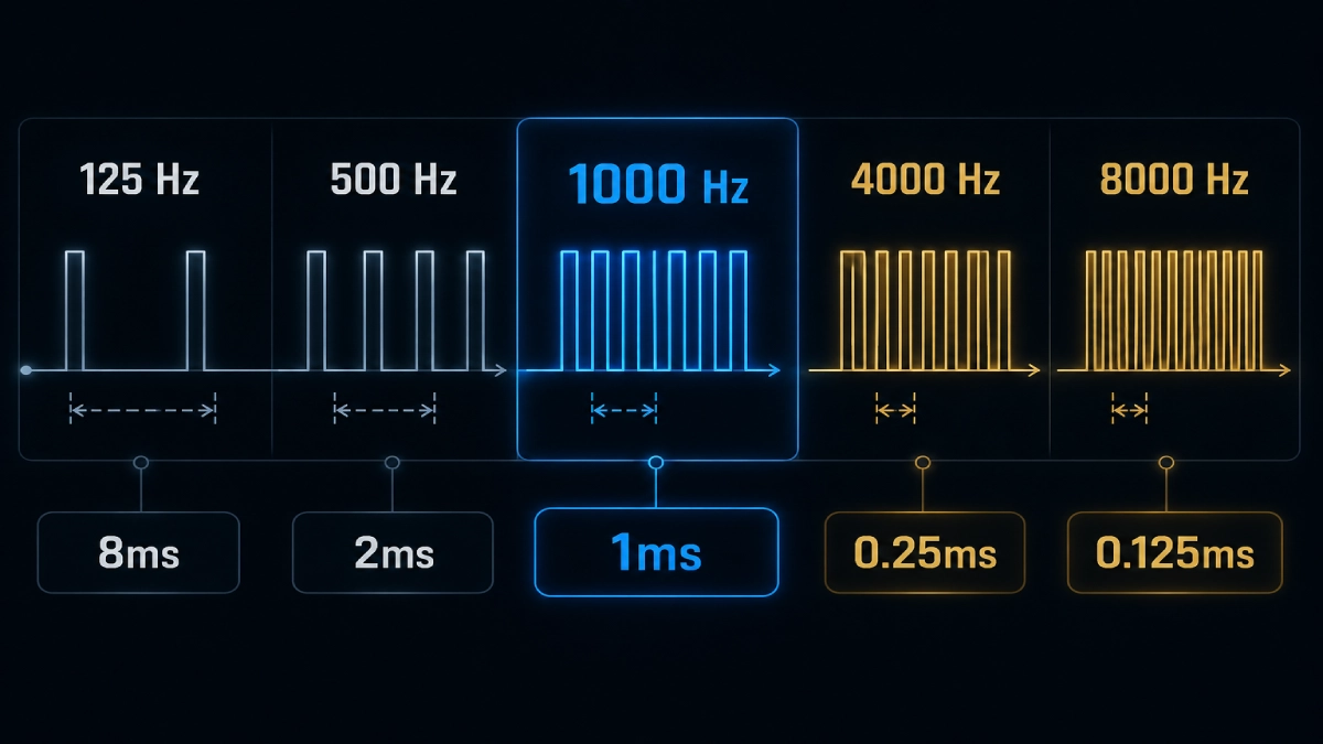 Infografic cu toate valorile de polling rate pentru mouse gaming — 125 Hz la 8ms, 500 Hz la 2ms, 1000 Hz la 1ms, 4000 Hz la 0.25ms și 8000 Hz la 0.125ms