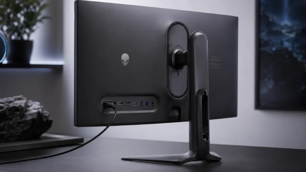 Panoul de porturi al Alienware AW2725Q: HDMI, DisplayPort și USB pe spatele monitorului