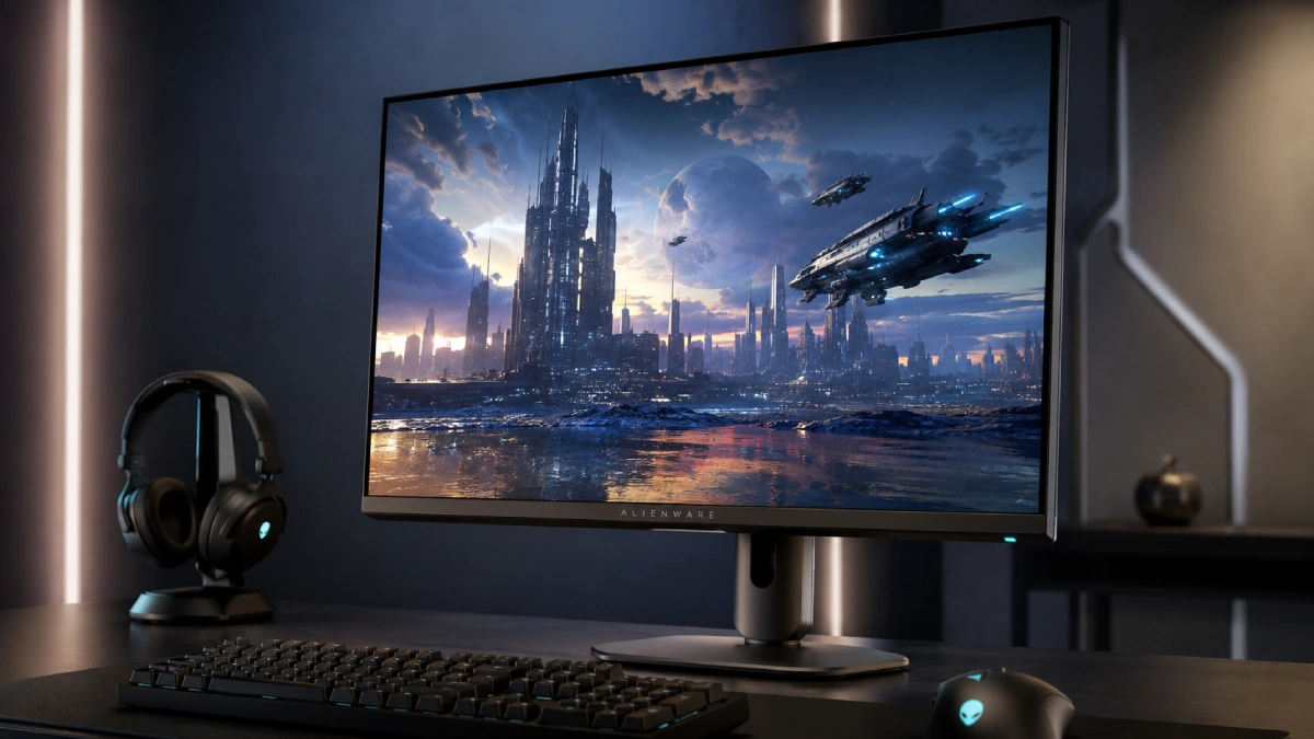 Monitor Alienware AW2725Q de 27 inch într-un setup premium de gaming