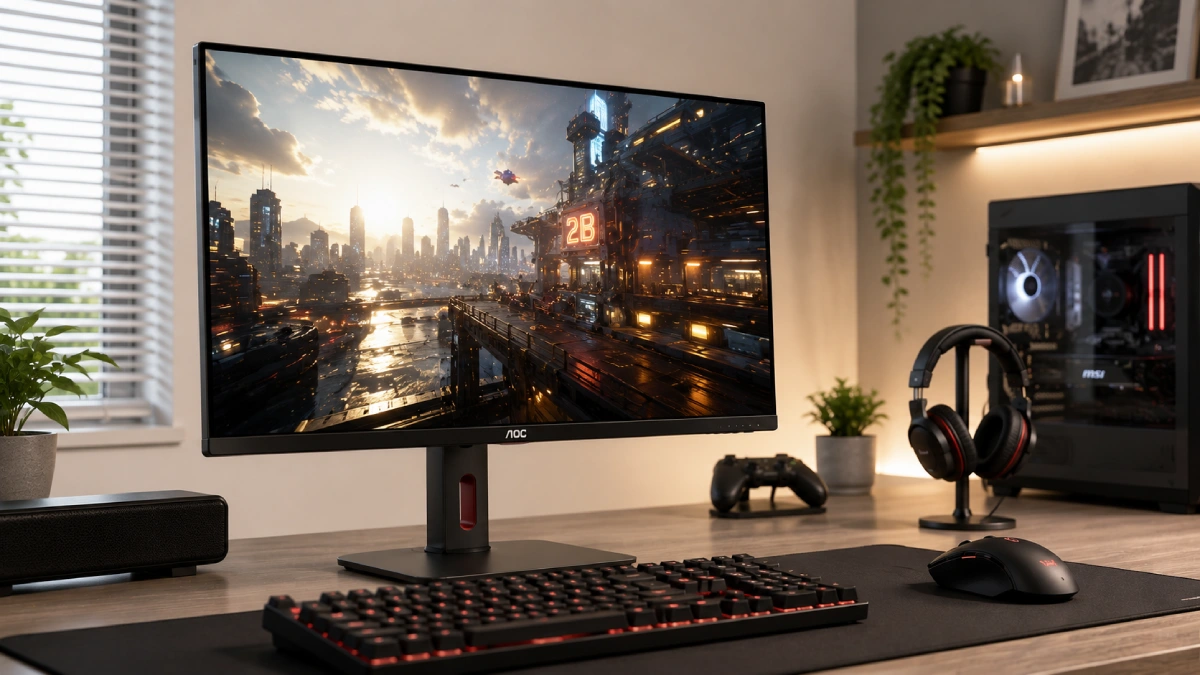 Monitor AOC Q27G3XMN/BK de 27 inch într-un setup luminos de gaming