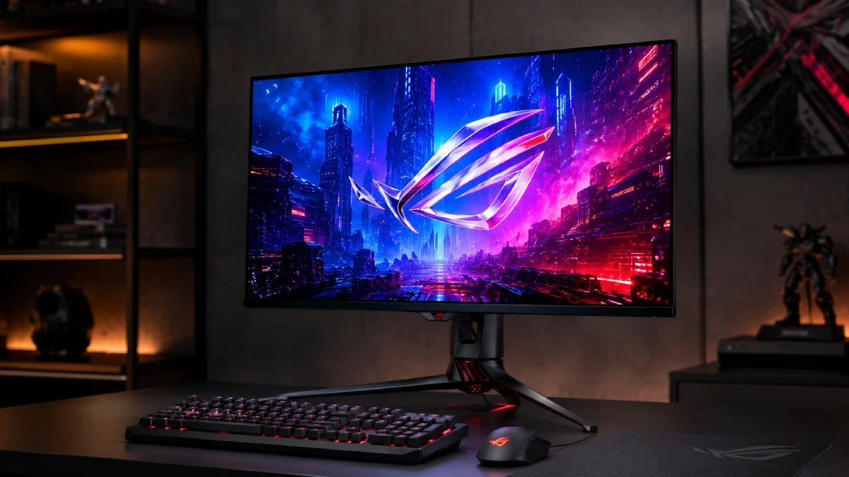 Monitor ASUS ROG Swift OLED PG27UCDM de 27 inch într-un setup premium de gaming