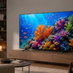 Televizor QLED într-un living modern, cu un recif de corali colorat pe ecran, ilustrând gama largă de culori a tehnologiei quantum dot