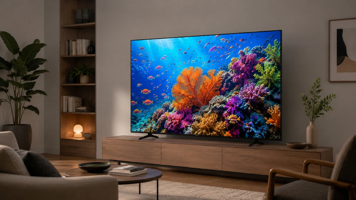 Televizor QLED într-un living modern, cu un recif de corali colorat pe ecran, ilustrând gama largă de culori a tehnologiei quantum dot