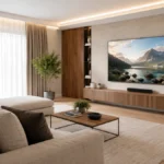 Canapea poziționată la distanța potrivită față de un televizor montat pe perete într-un living modern