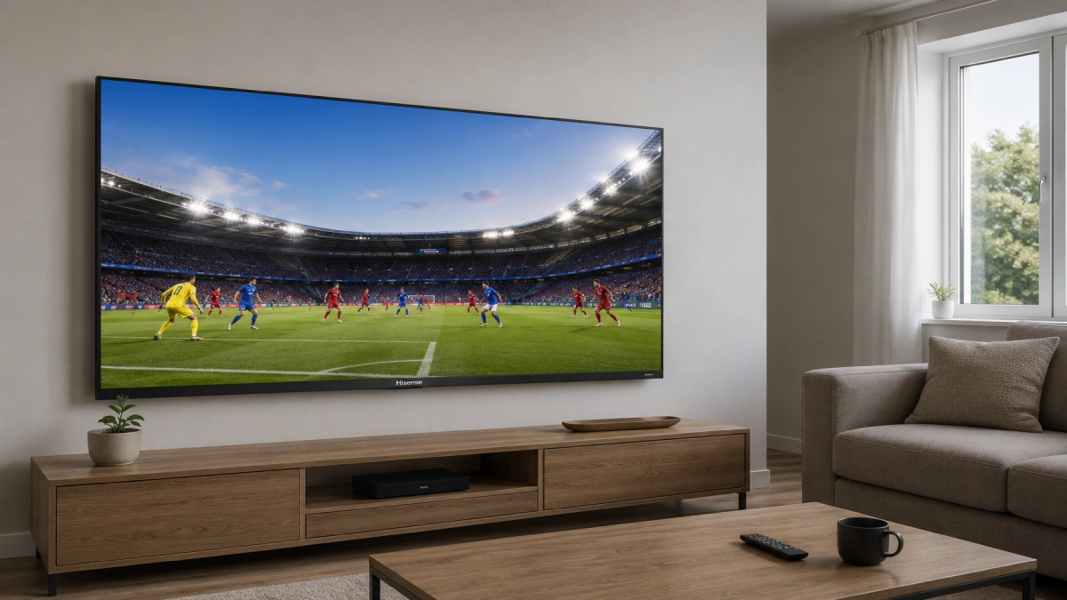 Televizor Hisense 75A6G cu logo Hisense vizibil pe bezel, într-un living modest, alegere de buget la 75 inch