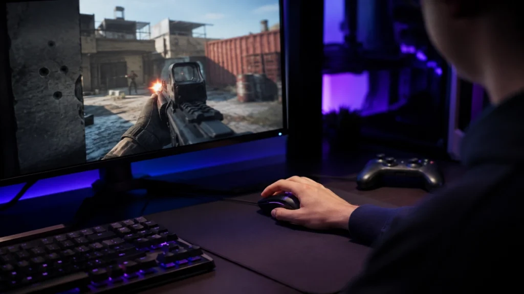 Gamer apăsând click pe mouse gaming în fața unui monitor cu joc rapid pe ecran, setup cu lumină RGB albastru-violet