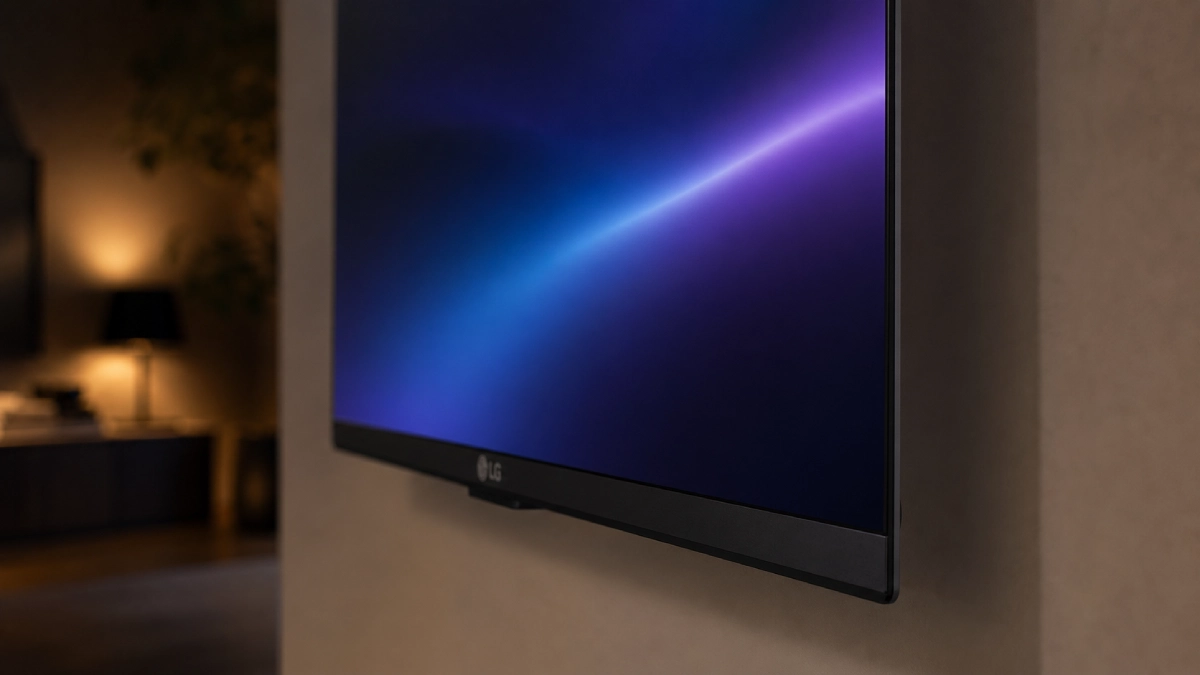 LG OLED C5 65 inch — profilul subțire al panoului OLED evo, cu logo LG vizibil pe bezel