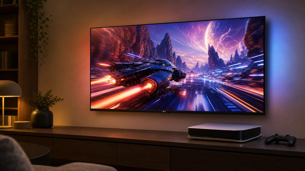 LG OLED C5 65 inch cu consolă și controller de gaming, ecran afișând o scenă de joc colorată cu HDMI 2.1 activ