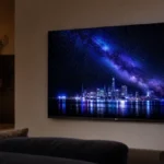 LG OLED C5 65 inch montat pe perete într-un living modern seara, cu logo LG vizibil și contrast OLED pe ecran