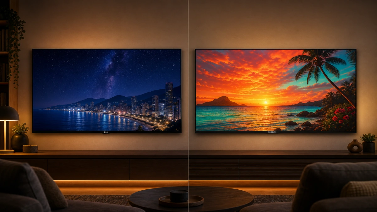 LG OLED C5 și Samsung S95F montate alăturat, comparație vizuală între contrastul OLED și culorile QD-OLED