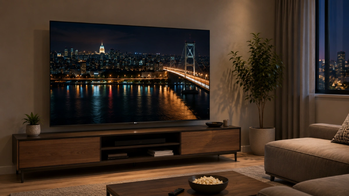 Televizor LG QNED evo 75QNED85A3C cu logo LG vizibil pe bezel, scenă nocturnă cu contrast vizibil, într-un living modern