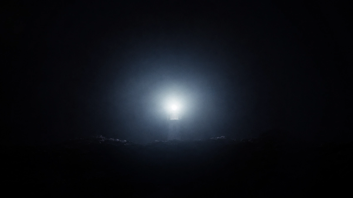 efect de halo luminos (blooming) în jurul unei surse de lumină puternice pe fundal complet negru, similar cu ce apare pe un televizor Mini LED în scene întunecate
