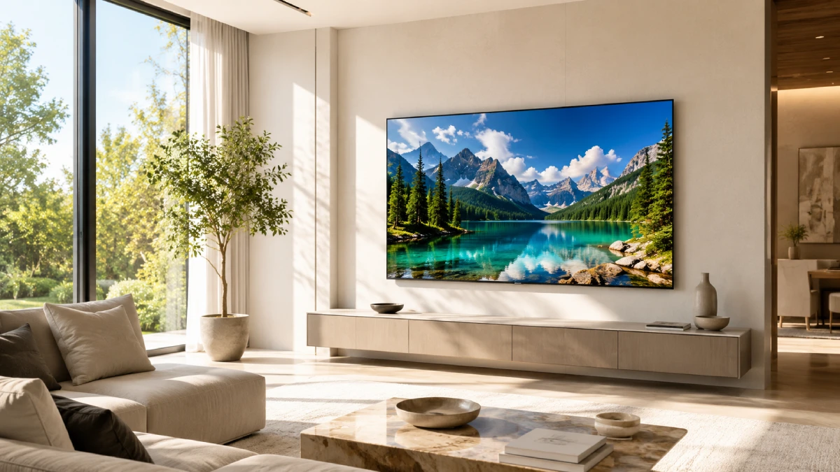 televizor cu imagine clară și vibrantă într-un living luminos, cu lumină naturală puternică din exterior