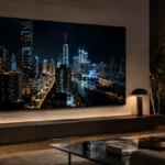 televizor modern cu ecran Mini LED afișând o scenă cu contrast puternic, zone luminoase și zone întunecate