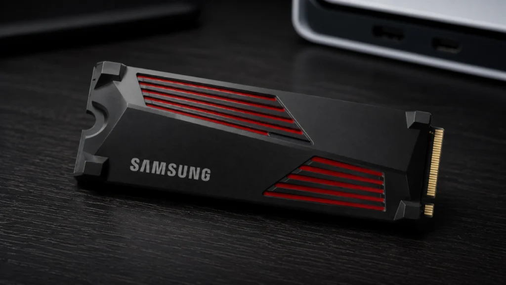 SSD Samsung 990 Pro 2TB cu heatsink negru și accente roșii, fotografiat pe un birou închis la culoare