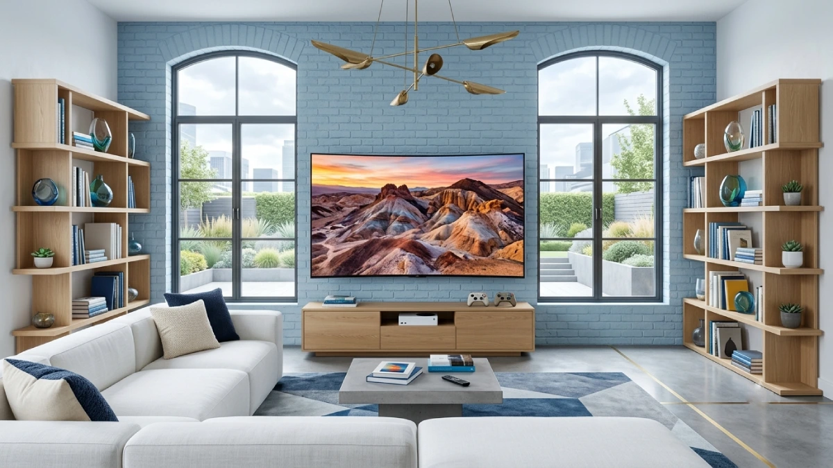 Samsung Neo QLED 65QN80F montat pe perete într-un living spațios, cu ferestre arcuite mari și lumină naturală
