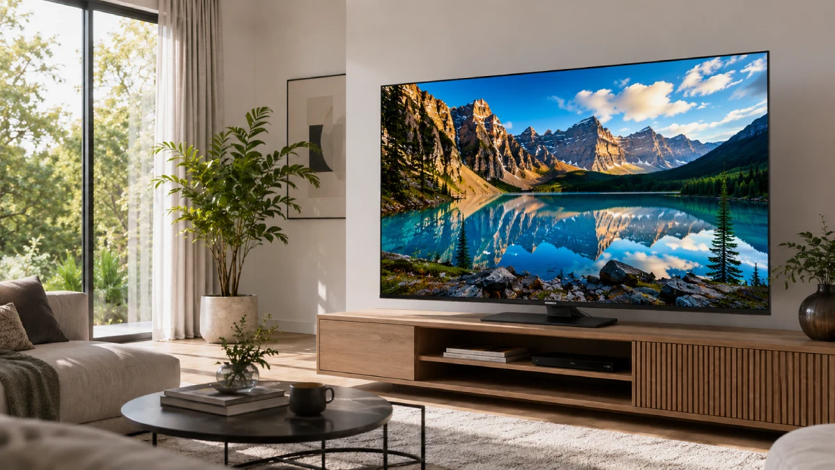 Samsung Neo QLED 65QN80F montat pe perete într-un living spațios, cu ferestre mari și lumină naturală