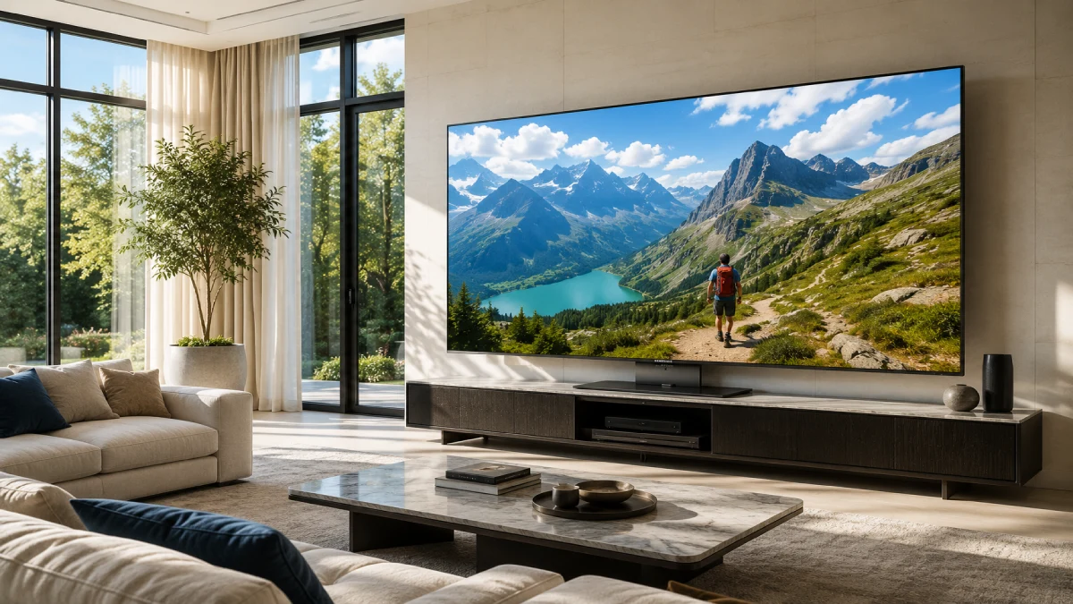 Televizor Samsung Neo QLED 75QN94F cu logo Samsung vizibil pe bezel, într-un living luminos cu lumină naturală puternică