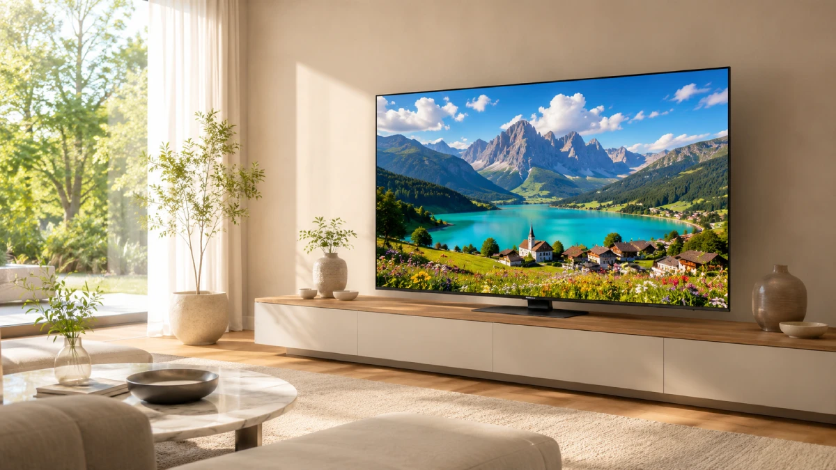 Televizor Samsung Neo QLED QN85D într-un living luminos, cu peisaj montan viu pe ecran, în ciuda luminii naturale puternice