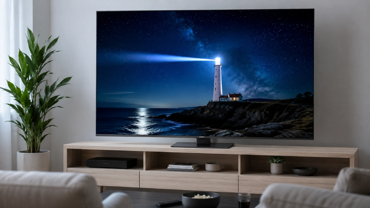 Televizor Samsung Neo QLED QN85D cu o scenă nocturnă de film pe ecran, un far luminos pe fundal întunecat, într-o sufragerie pregătită pentru seara de film