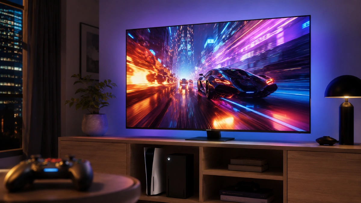Televizor Samsung Neo QLED QN85D conectat la consolele PlayStation 5 și Xbox Series X, cu un joc de curse 4K pe ecran, într-un colț de gaming seara