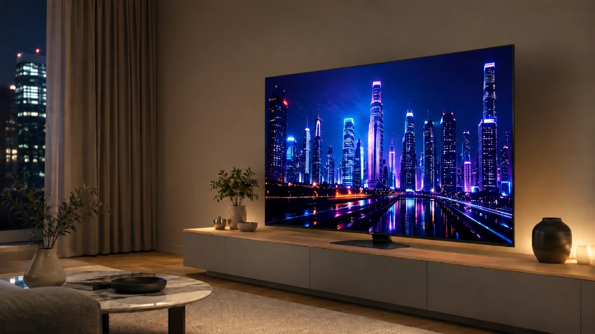 Televizor Samsung Neo QLED QN85D montat în living, cu Mini LED și contrast ridicat pe scenă nocturnă