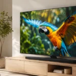 Televizor Samsung Neo QLED QN85D de 65 inch pe o comodă din lemn deschis, cu imagine 4K color pe ecran, într-o sufragerie luminoasă
