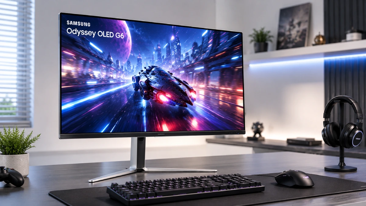 Monitor Samsung Odyssey OLED G6 G60SD de 27 inch într-un setup luminos de gaming competitiv