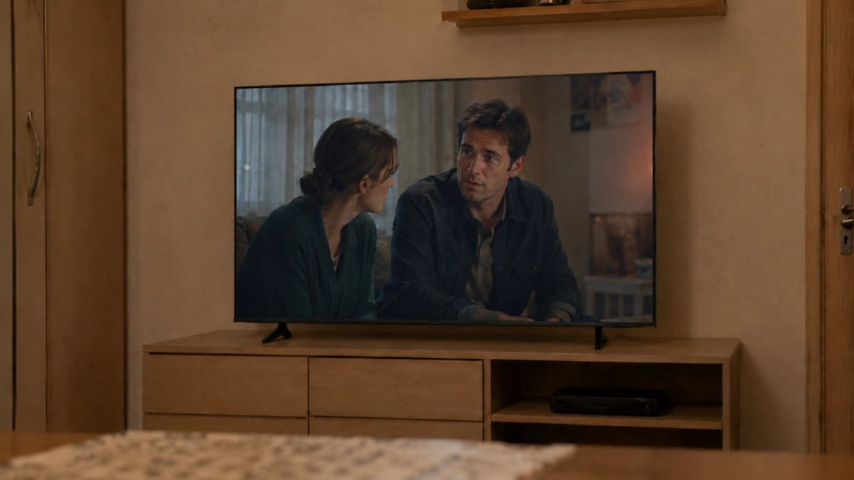 Televizor Samsung QLED Q60D montat pe comodă, într-o cameră simplă, cu un serial pe ecran