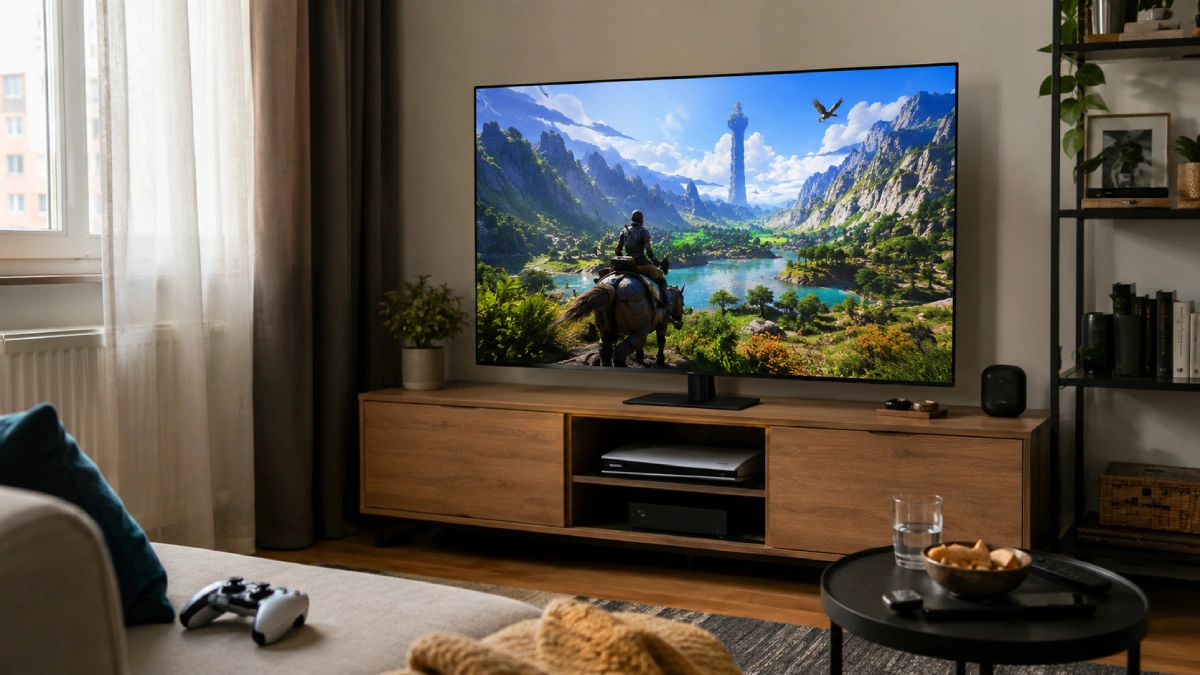 Televizor Samsung QLED Q70D în living, cu consolă de gaming conectată și joc video colorat pe ecran