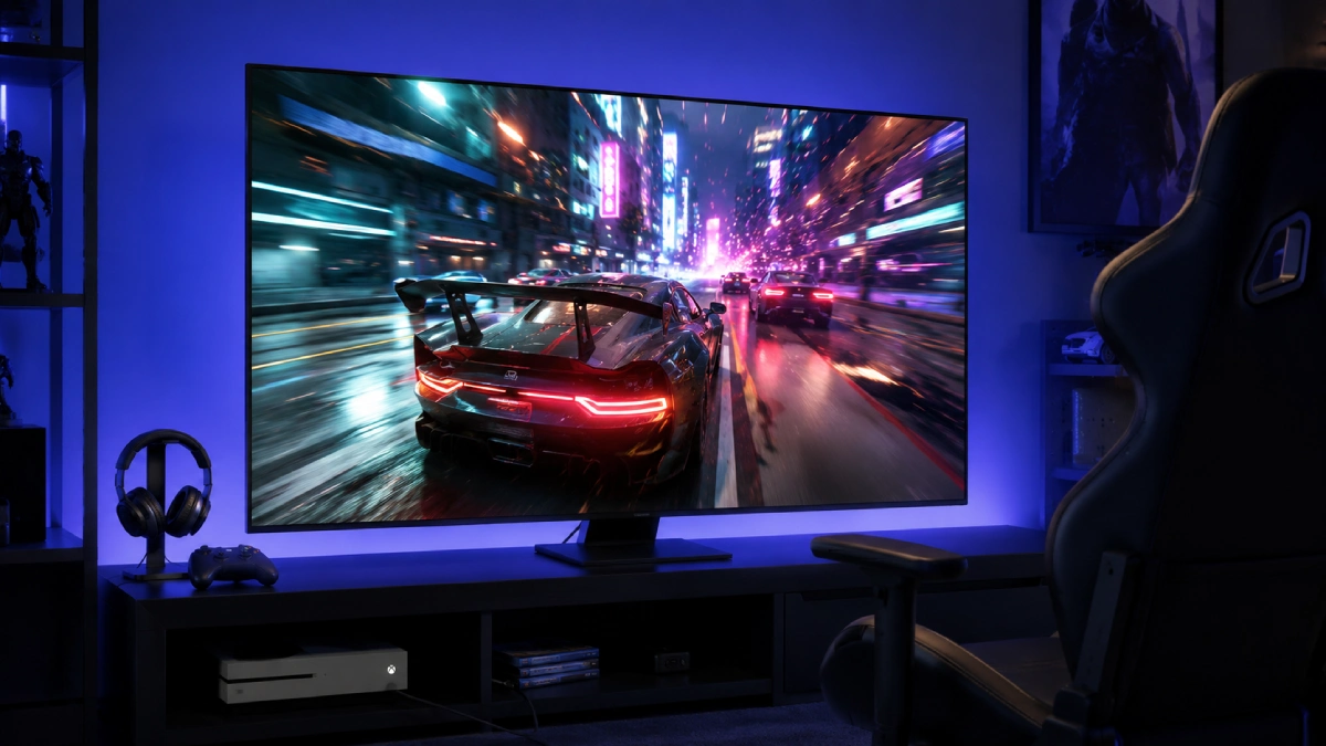 Televizor Samsung QLED Q80D într-un setup de gaming, cu consolă conectată și joc de curse pe ecran