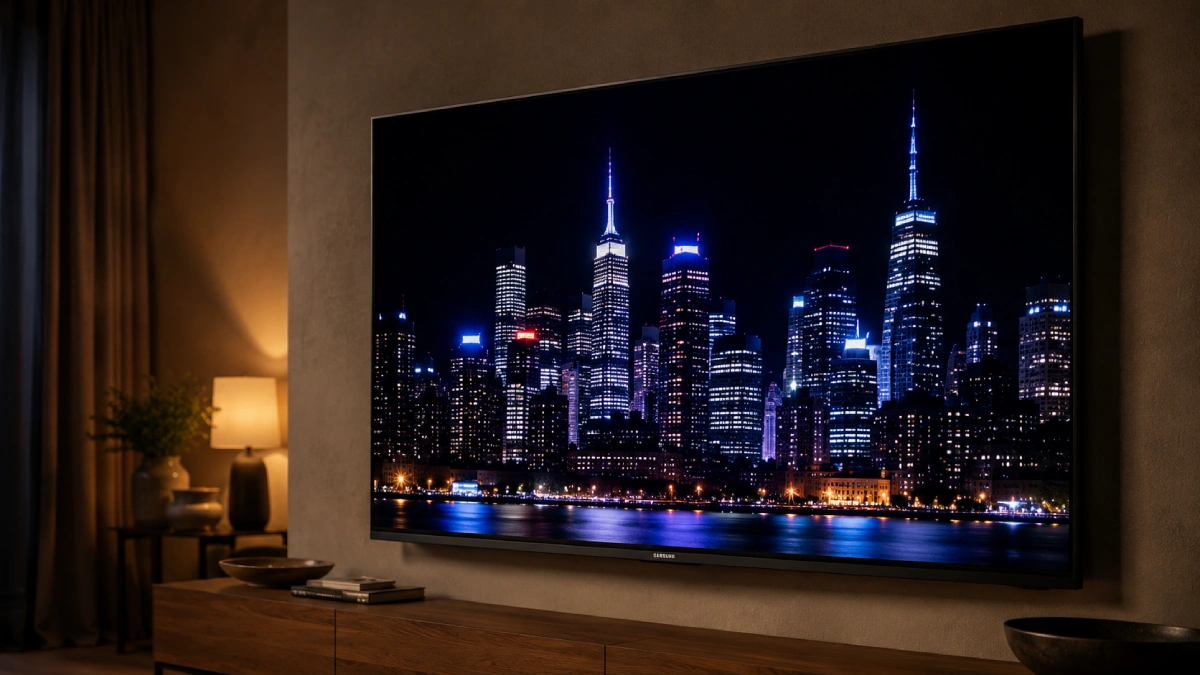 Samsung S95F OLED afișând un skyline nocturn cu contrast puternic între negru absolut și luminile orașului