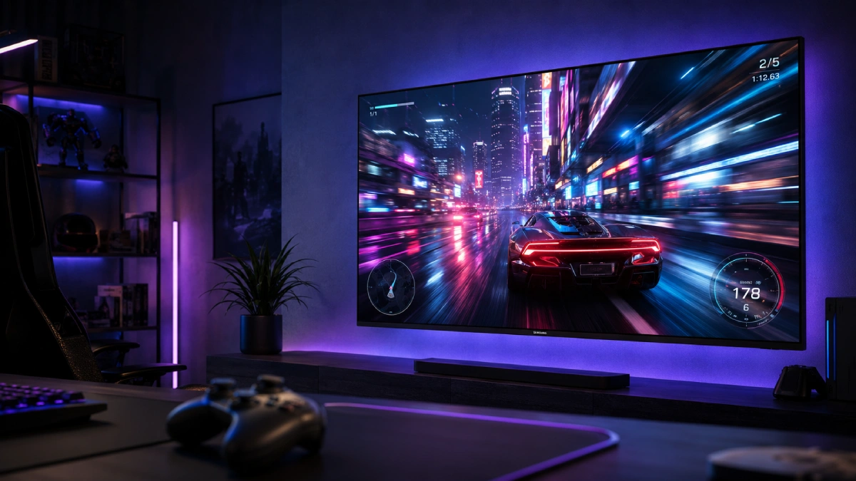 Samsung S95F OLED redând o scenă de gaming rapidă, cu HDMI 2.1 și refresh rate ridicat pentru consolă și PC