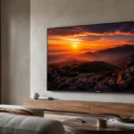 Samsung S95F OLED montat pe perete într-un living luminos, cu logo Samsung vizibil și contrast HDR pe ecran