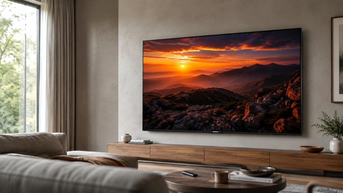 Samsung S95F OLED montat pe perete într-un living luminos, cu logo Samsung vizibil și contrast HDR pe ecran