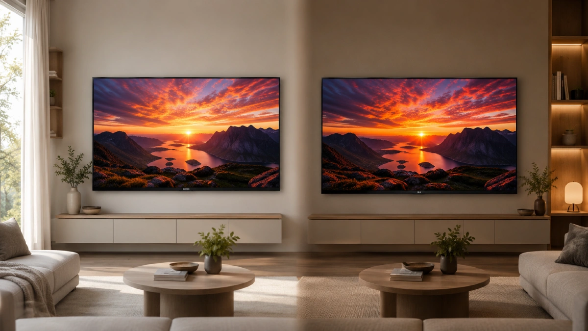 Comparație vizuală între Samsung S95F OLED și LG OLED C5, montate în livinguri similare