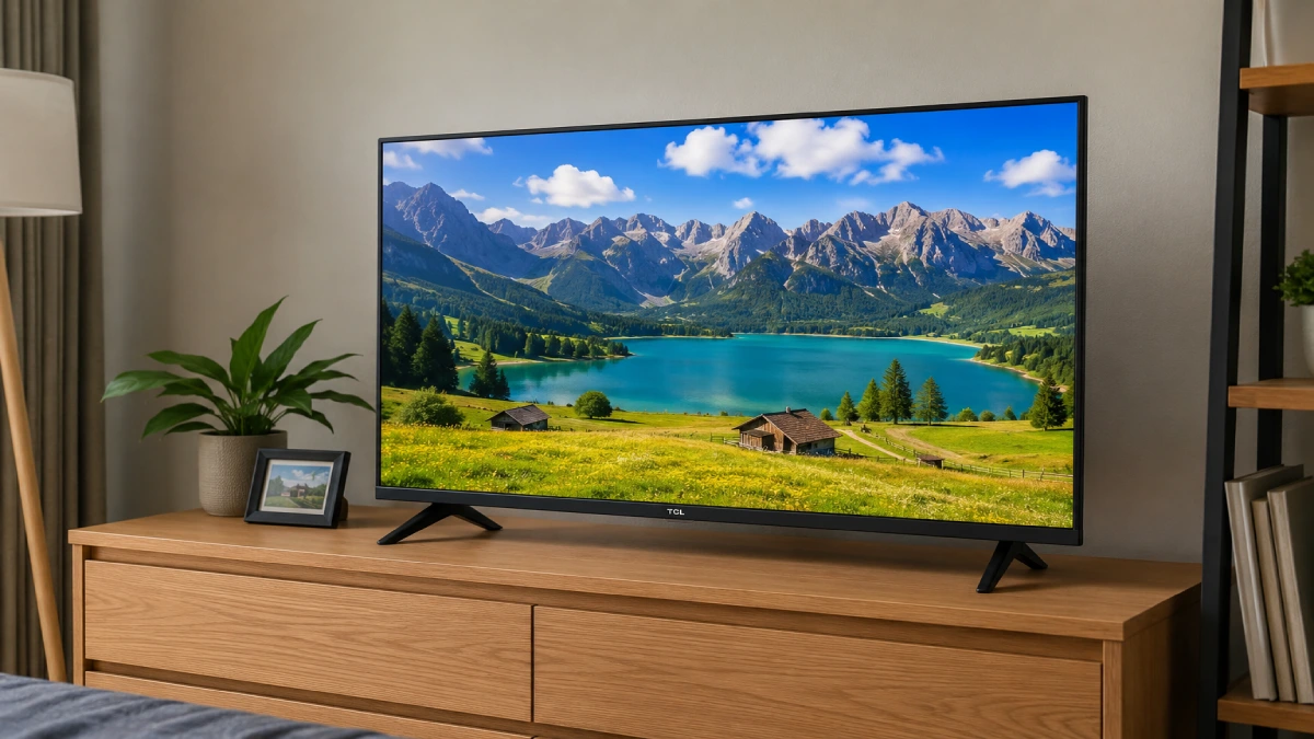 Televizor TCL 43P6K cu logo TCL vizibil pe bezel, într-o cameră secundară, alegere de buget