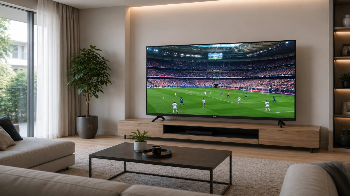 Televizor TCL 55P6K cu logo TCL vizibil pe bezel, diagonală mare la preț accesibil
