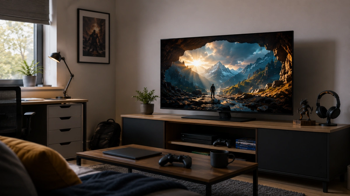TCL QD-MiniLED 50C6K într-o cameră secundară cu birou și colț de gaming