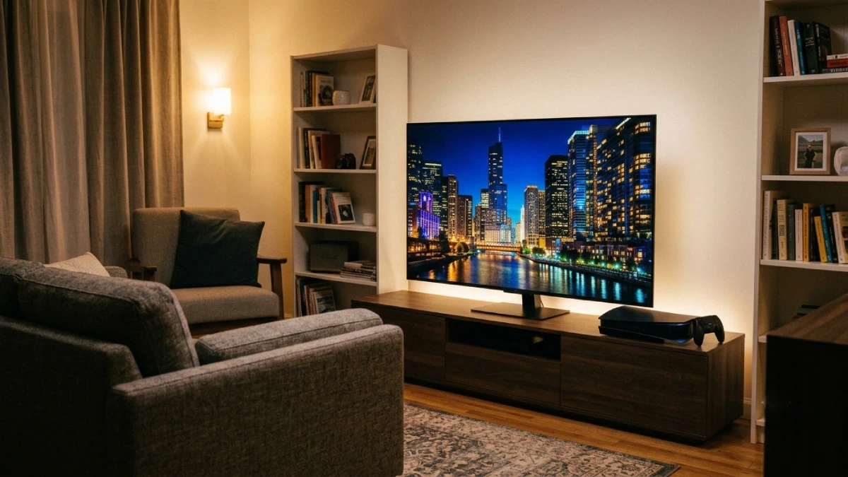 TCL QD-MiniLED 55C6K într-o cameră de zi cu atmosferă de seară, alături de o consolă de jocuri