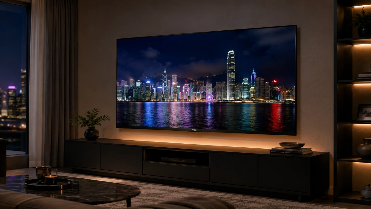Televizor TCL QD-MiniLED 55C6K cu logo TCL vizibil pe bezel, într-un living modern, cu contrast vizibil