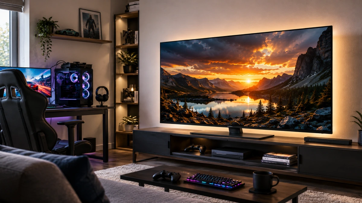 TCL QD-MiniLED 65C9K într-un setup de gaming premium, cu bias lighting și PC dedicat