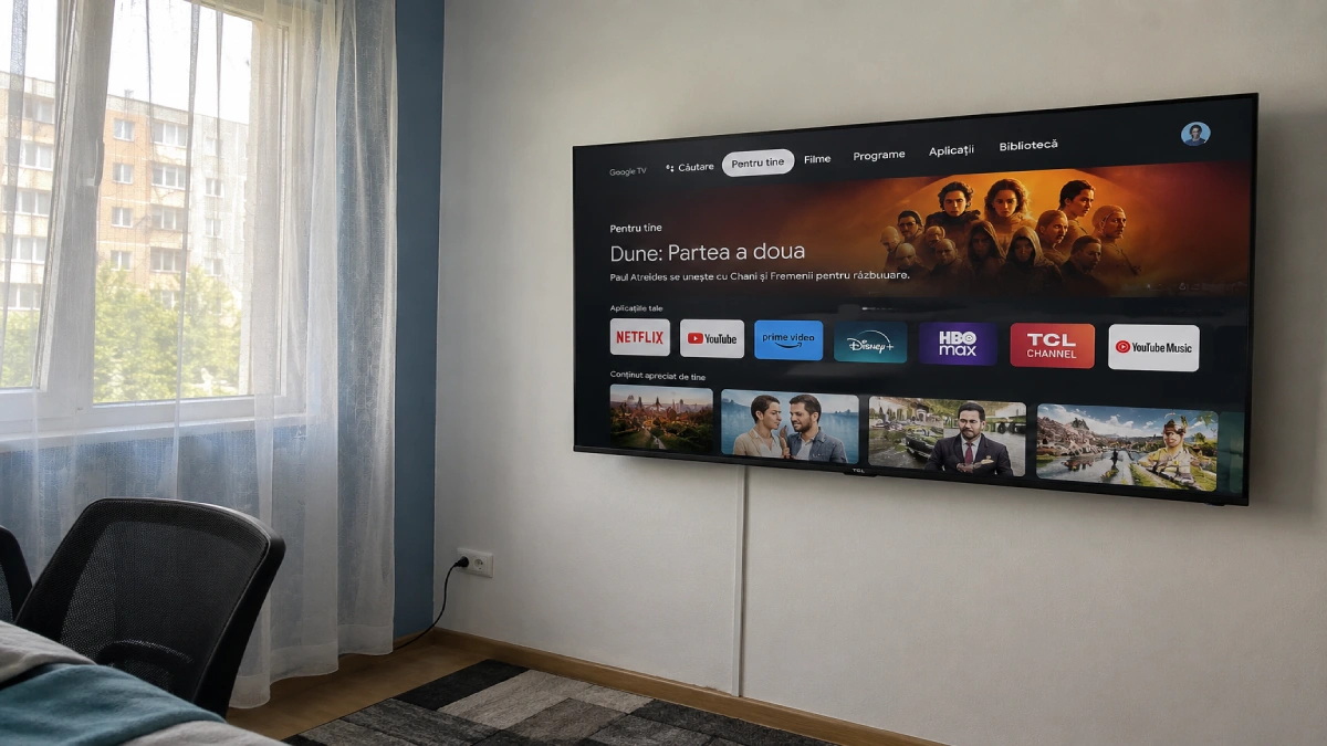 Televizor TCL QLED C655 montat pe perete, cu interfața Google TV și aplicațiile de streaming pe ecran