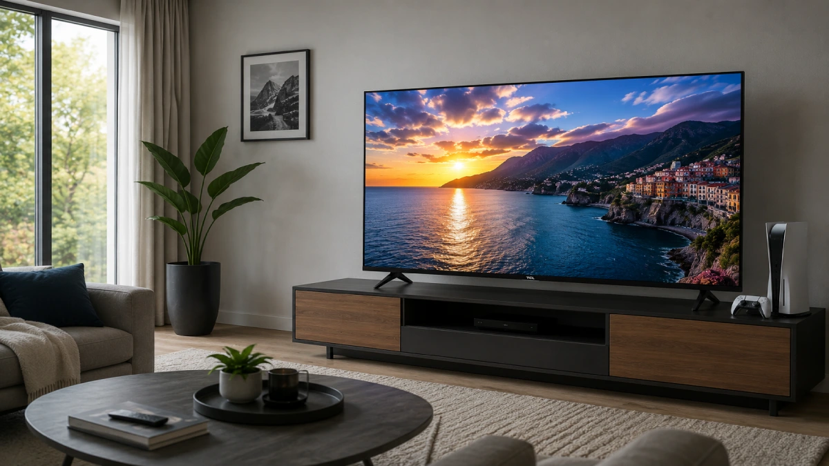 Televizor TCL SQD-MiniLED 55C7L cu logo TCL vizibil pe bezel, vârful de gamă TCL, cu setup de gaming