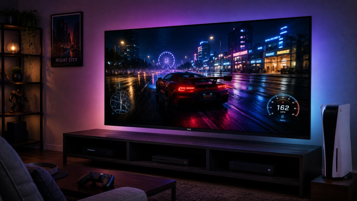Televizor TCL SQD-MiniLED 75C7L cu logo TCL vizibil pe bezel, setup de gaming cu iluminare ambientală, 144Hz