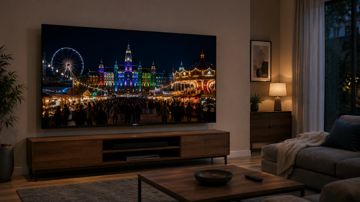 Televizor TCL SQD-MiniLED 75C7L cu logo TCL vizibil pe bezel, setup de gaming cu iluminare ambientală, 144Hz