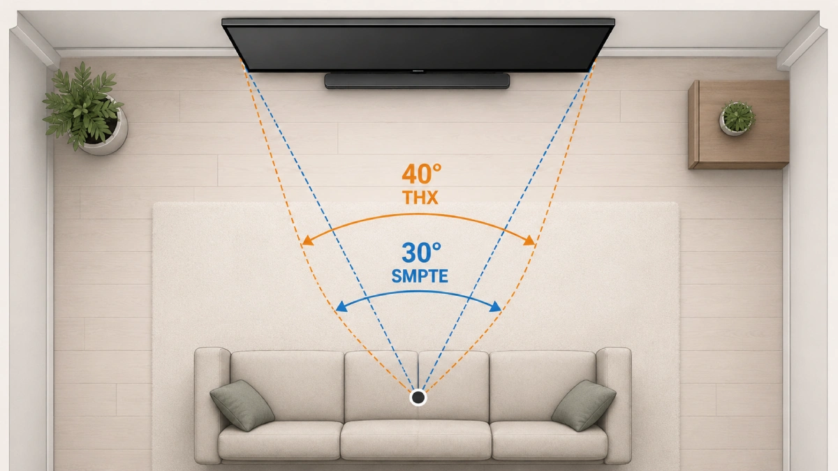 Diagramă cu unghiul de vizionare la televizor: pragul de 30° recomandat de SMPTE și pragul de 40° recomandat de THX.