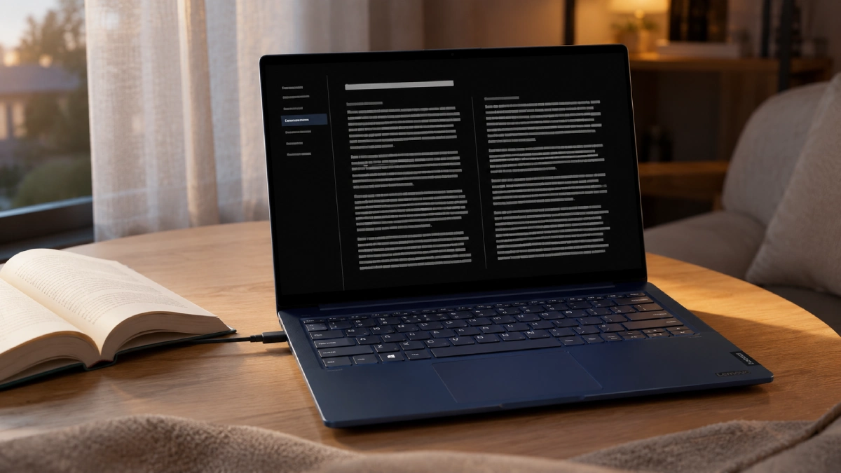 Lenovo IdeaPad Slim 5 14IMH10 deschis într-un colț de lectură, cu un document în mod întunecat afișat clar pe ecran