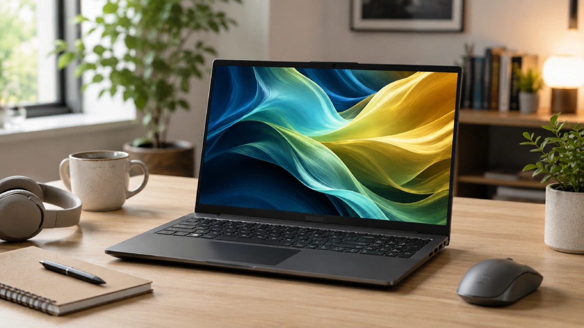 Laptop Acer Aspire 16 AI OLED pe un birou modern într-un scenariu de utilizare zilnică