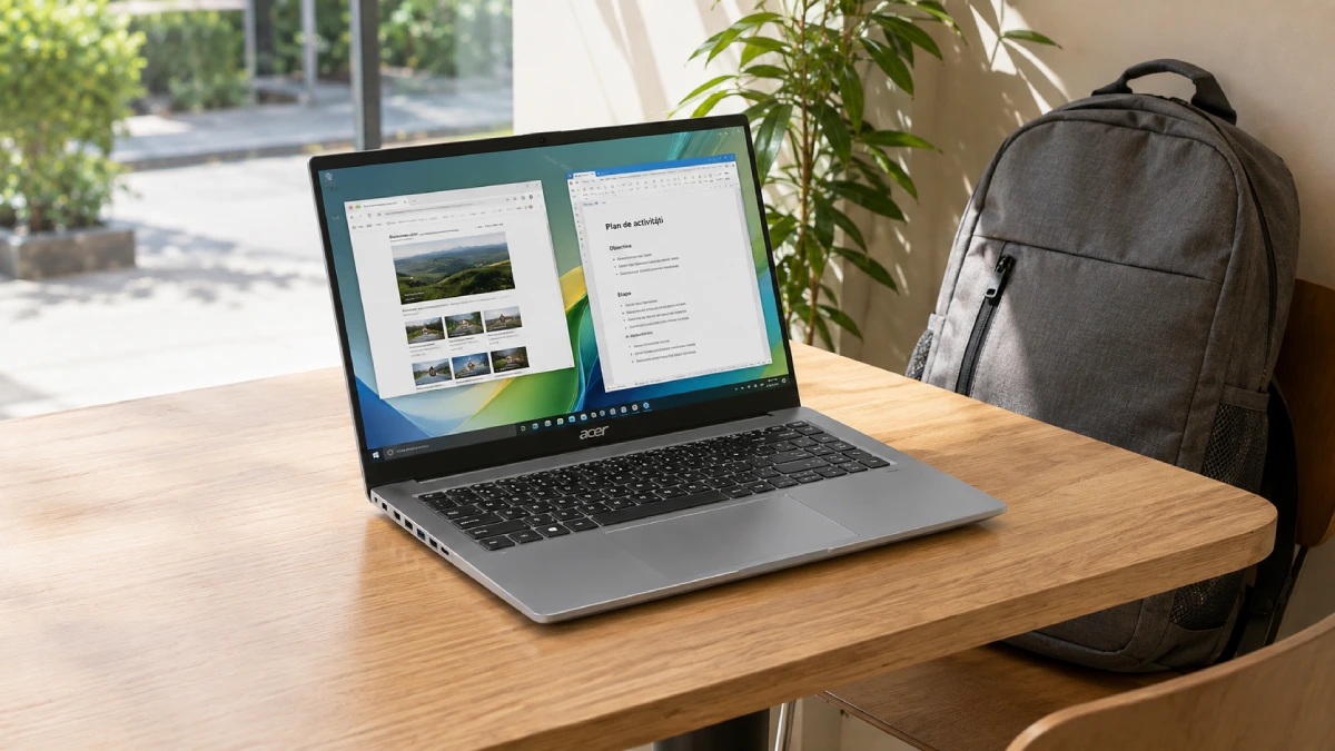 Laptop Acer Aspire Go 14 pe o masă din lemn, lângă un rucsac, într-un spațiu luminos